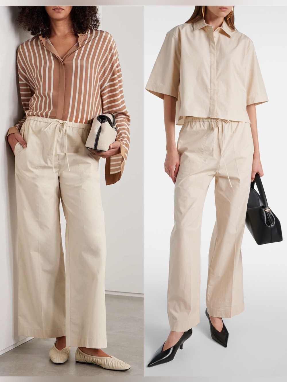 TOTÊME Cotton Drawstring Trousers Stone Beige Wide Leg Organic Cotton Size 2 34